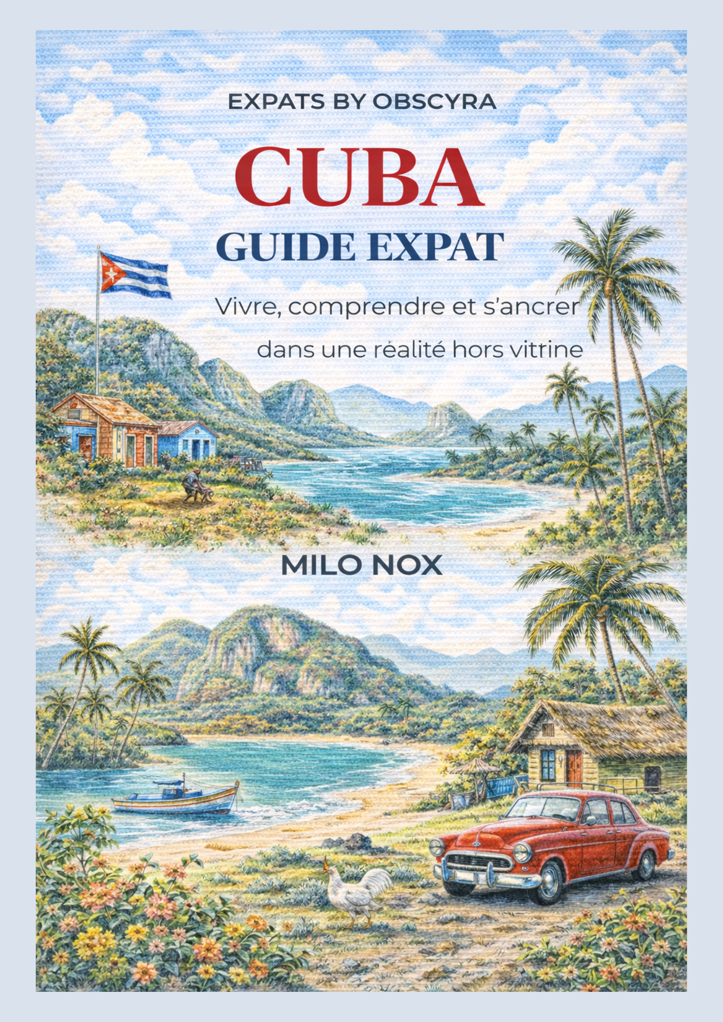 Aquarelle représentant un paysage cubain : maison de campagne, champs, rivière, palmiers, voiture ancienne, et le drapeau cubain flottant.