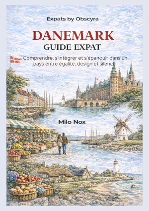 Illustration aquarelle d’un couple marchant au bord d’un canal danois, avec un marché de fruits et légumes, un moulin à vent et des bâtiments historiques, sous un ciel bleu avec des mouettes.