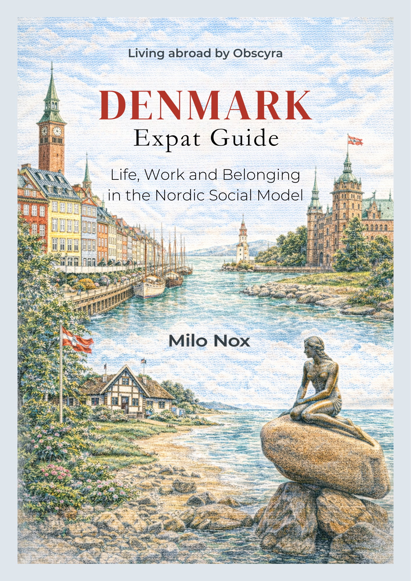 Watercolor illustration of Denmark’s iconic waterfront, Nyhavn buildings, Kronborg Castle, and the Little Mermaid statue, symbolizing Danish culture and lifestyle.