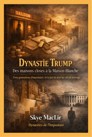 Illustration sombre représentant un saloon américain avec piles de documents et pièces d’or, devant la Maison-Blanche, symbolisant la montée des Trump de leurs débuts à la présidence.