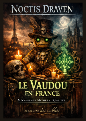 Illustration sombre et mystique : poupée vaudou avec yeux verts lumineux, crânes, bougies, engrenages et symboles magiques, Paris en arrière-plan avec la Tour Eiffel et une cathédrale sous la lune.