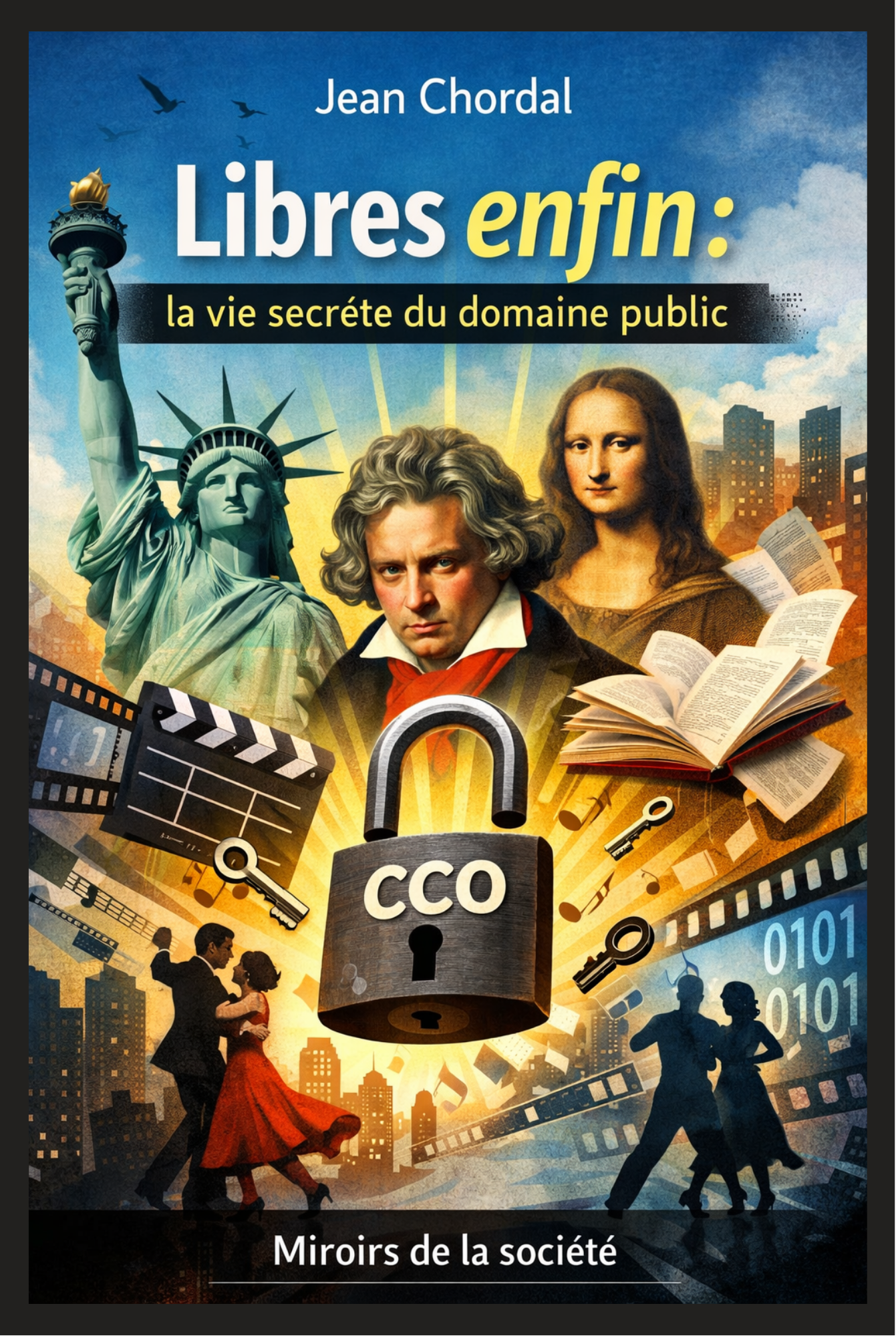 Illustration symbolique montrant des figures culturelles emblématiques, un cadenas CC0 ouvert, des livres, films et œuvres d’art représentant le domaine public et ses enjeux sociaux.