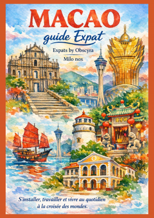 Illustration aquarelle représentant les monuments emblématiques de Macao, entre héritage portugais, temples chinois, skyline moderne et vie portuaire.