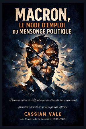 Illustration sombre représentant un visage fragmenté avec les mots réforme, modernité, nation et 49.3, symbolisant le mensonge politique et le simulacre démocratique.