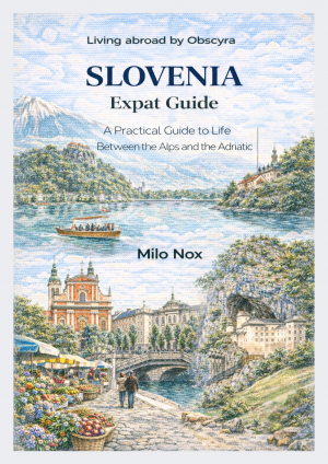 Watercolor illustration of a Slovenian lake surrounded by Alpine mountains, with a boat on the water, Ljubljana in the background, a colorful market in the foreground, and the Slovenian flag flying.