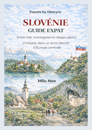 Illustration aquarelle de la Slovénie : montagnes enneigées, lacs, villages alpins et églises, drapeau slovène en haut à droite.