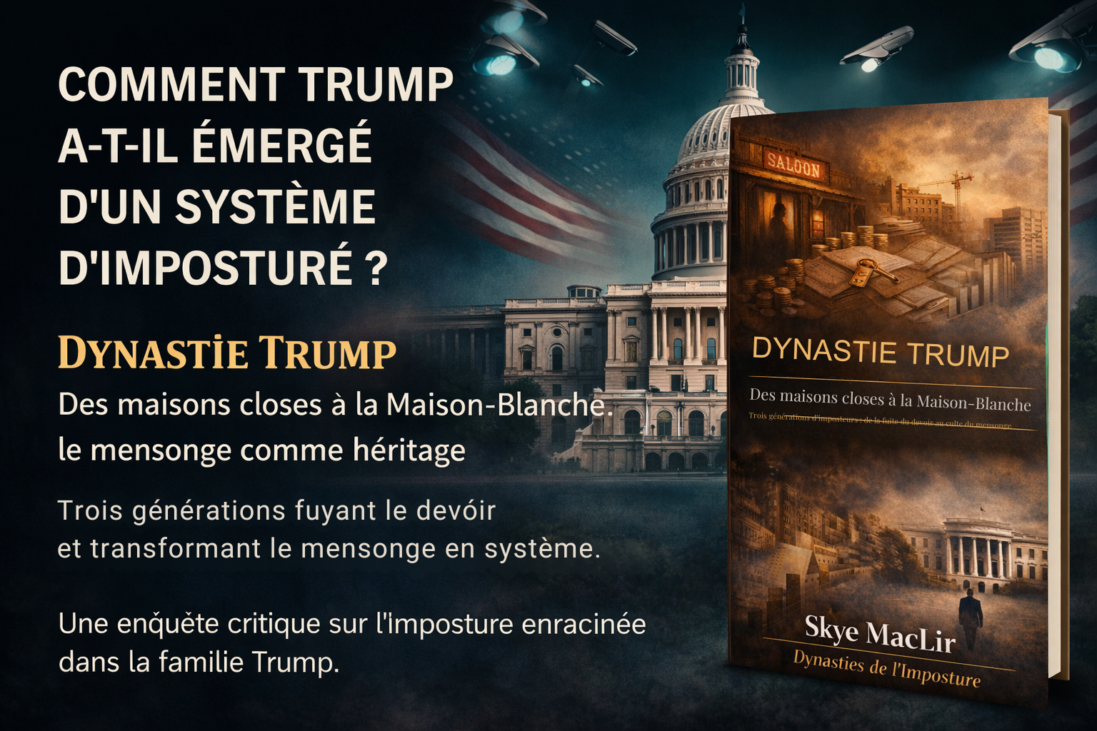 Affiche promotionnelle du livre Dynastie Trump, analyse critique de la famille Trump et de la transmission du mensonge du saloon à la Maison-Blanche