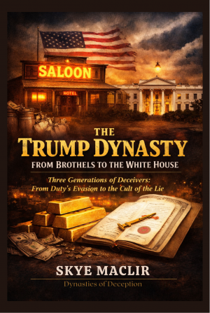 Illustration of a Wild West-style saloon with the American flag in front of the White House, gold bars, an open ledger with wax seal, and money scattered, symbolizing the rise of the Trump family through wealth, influence, and manipulation.
