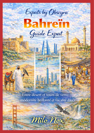 Couverture aquarelle montrant le fort de Bahreïn, les tours modernes de Manama, une mosquée dorée, un souk, un fauconnier dans le désert et le titre « Bahreïn Guide Expat » signé Milo Nox.