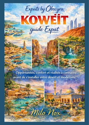 Illustration du Koweït montrant skyline moderne, mosquée, désert rocheux, oasis, souk côtier et architecture traditionnelle symbolisant l’équilibre entre modernité et tradition.