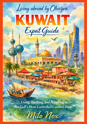 Illustration of Kuwait City skyline with mosque domes, modern towers, seaside market scene, traditional boat on the Gulf, and palm-lined waterfront representing expat life in Kuwait.