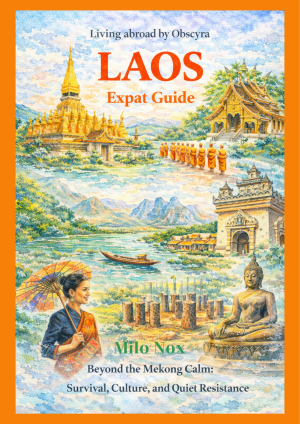 Watercolor illustration of Laos featuring golden temples, monks in procession, rivers, mountains, a traditional village, and a woman with a parasol, representing cultural richness and daily expat life.