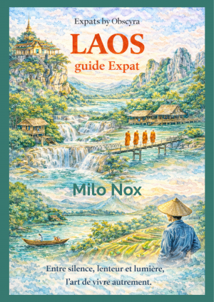 Paysage laotien avec cascades, temples sur falaises, moines en robe orange traversant un pont et habitant local observant des rizières, illustration détaillée et paisible.