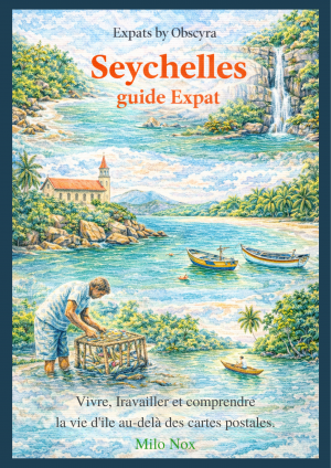 Illustration des Seychelles avec lagon turquoise, cascade, église insulaire, bateaux de pêche, village côtier et pêcheur relevant un casier, symbolisant la vie locale au-delà du tourisme.