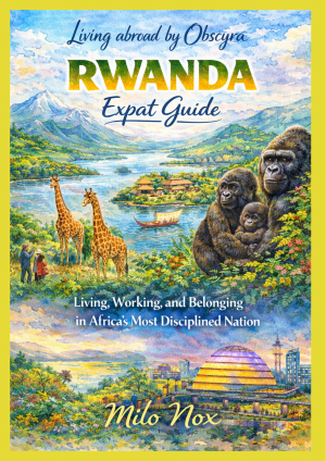 Watercolor illustration of Rwanda with mountain gorillas, giraffes, lush hills, lake scenery, and Kigali skyline, titled RWANDA Expat Guide by Milo Nox.