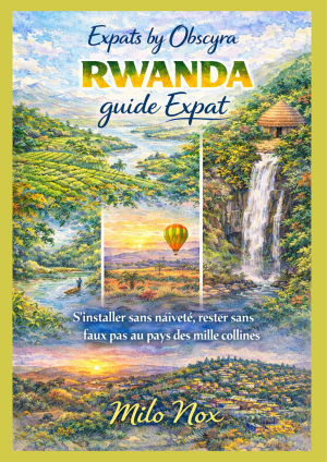 Couverture aquarelle représentant les collines verdoyantes du Rwanda, un lac, une cascade, un village, une montgolfière et le skyline de Kigali avec le titre RWANDA guide Expat et Milo Nox.