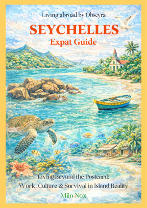Illustrated Seychelles coastal scene with turquoise waters, tropical island landscape, fishing boat, coral reef, sea turtle, village houses and island church, representing daily life beyond tourism.