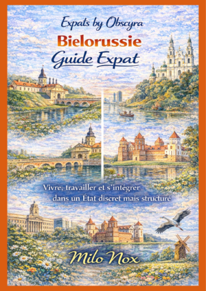 Couverture aquarelle représentant paysages, églises, château de Mir, rivière et architecture historique de Biélorussie avec le titre « Biélorussie Guide Expat » de Milo Nox.