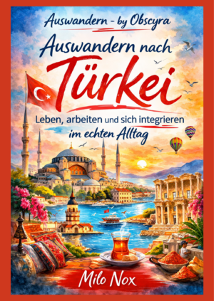 Aquarell-Cover mit Hagia Sophia, türkischer Flagge, Bosporus-Landschaft, Heißluftballons und traditionellen Elementen sowie dem Titel „Auswandern nach Türkei“ von Milo Nox.
