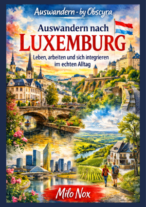 Illustrierte Aquarell-Cover mit Luxemburg-Stadt, Brücken, Altstadt, Weinbergen und moderner Skyline, Titel „Auswandern nach Luxemburg“ von Milo Nox.