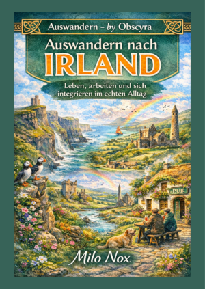 Aquarellillustration von Irland mit grünen Klippen, Wasserfall, Burgen, Regenbogen, Pub-Szene und Papageientauchern, Titel „Auswandern nach Irland“.