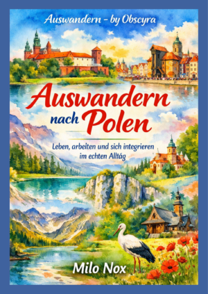Aquarell-Cover mit polnischen Städten, Bergen, Seen und einer Kirche; Titel „Auswandern nach Polen“ in Rot, Untertitel in Blau, Autor Milo Nox unten.