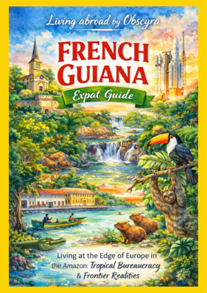 Illustrated cover showing Amazon rainforest waterfalls, a rocket launch site, colonial buildings, a river boat and tropical wildlife under the title “French Guiana Expat Guide” by Milo Nox.