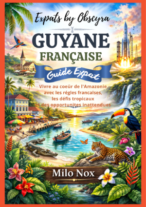 Couverture illustrée d’un guide d’expatriation sur la Guyane française montrant jungle amazonienne, fusée du centre spatial, village créole, fleuve, faune tropicale et paysages côtiers.