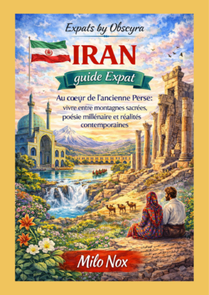 Couverture illustrée en aquarelle représentant l’Iran avec une mosquée persane, les ruines antiques de Persépolis, des montagnes, un fleuve, des caravanes de chameaux et un couple observant le paysage sous le drapeau iranien.