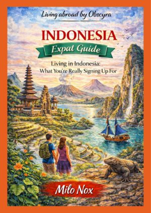 Illustrated watercolor-style cover showing Indonesia with a traditional temple, volcanoes, tropical coastline, waterfall cliffs, a sailing boat, lush vegetation, a Komodo dragon, and a couple observing the landscape under a colorful sky.