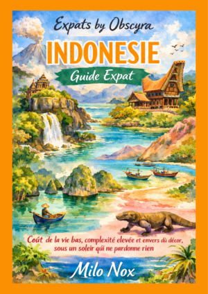 Illustration aquarelle d’Indonésie avec volcan en éruption, temple, cascade, mer turquoise, bateaux traditionnels et dragon de Komodo, titre “Indonesie Guide Expat”.