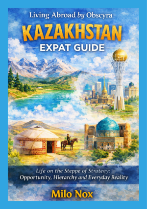 Watercolor depiction of Kazakhstan with snowy mountains, steppe, urban skyline, and traditional monuments, under the title “Kazakhstan Expat Guide”.