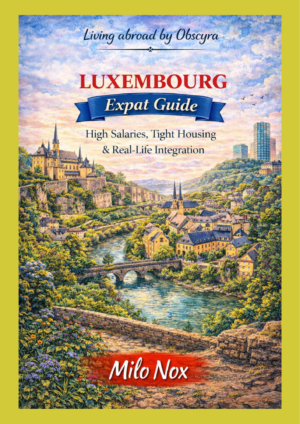 Watercolor illustration of Luxembourg featuring old town, stone bridge over river, castle on cliff, modern buildings, and lush green landscape.