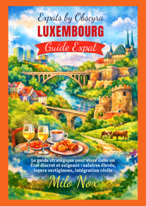 Illustration aquarelle du Luxembourg avec ponts en pierre, vieille ville, tours fortifiées, vallée verdoyante, table avec vin et plat, titre “Luxembourg Guide Expat”.