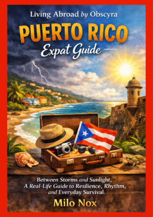 Watercolor illustration of Puerto Rico: beach, fortress, waterfall, Caribbean houses, suitcase with hat, camera, sunglasses, and Puerto Rican flag, storm and sunlight sky, title “Puerto Rico Expat Guide” by Milo Nox.