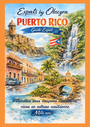 Illustration aquarelle de Puerto Rico avec fort colonial, cascade tropicale, drapeau portoricain, maisons colorées, pont en pierre et paysage caribéen, titre “Puerto Rico Guide Expat”.