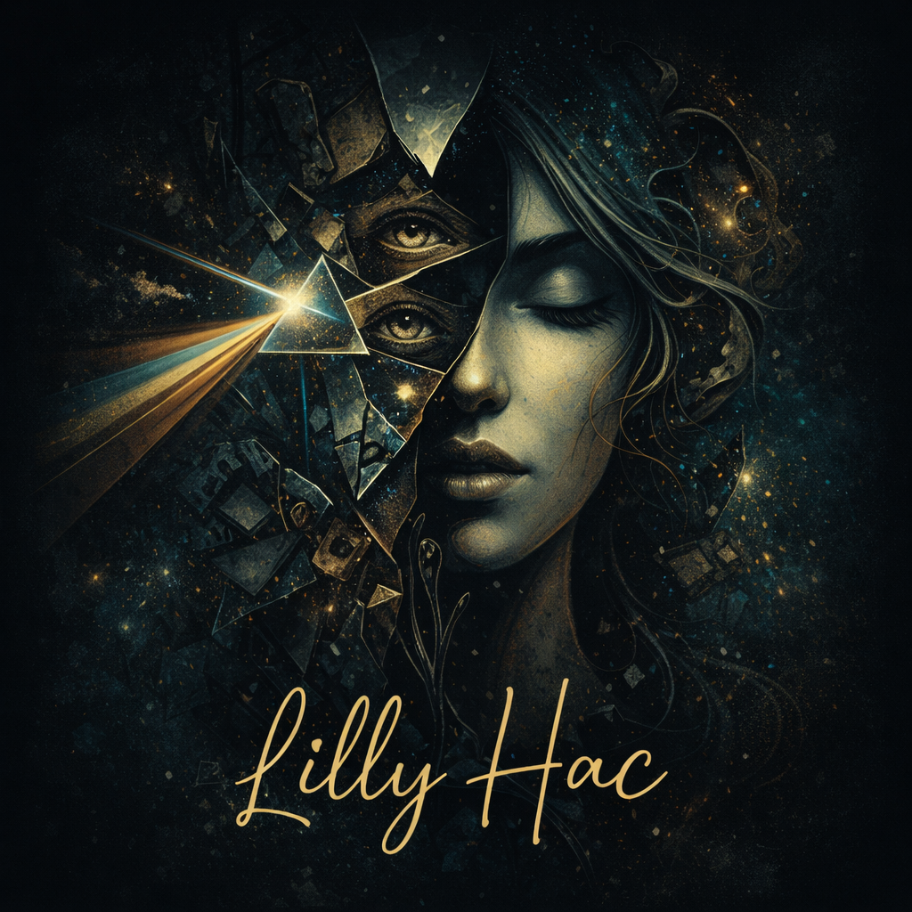 Illustration symbolique de Lilly Hac, visage féminin fragmenté avec prisme et miroirs, représentant l’analyse des angles morts et la perception du réel