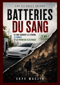 Couverture divisée montrant une voiture électrique propre branchée en ville d’un côté, et de l’autre un paysage industriel sombre avec mines, fumées et un enfant, avec le titre Batteries du Sang et Skye MacLir.
