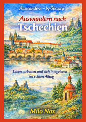 Aquarellillustration von Tschechien mit Prag, historischer Brücke, Flusslandschaft, Hügeln und Architektur, Titel Auswandern nach Tschechien im Vordergrund.