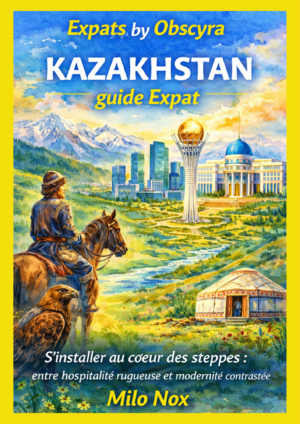 Illustration aquarelle du Kazakhstan avec cavalier traditionnel, aigle, yourte, montagnes, skyline moderne et tour Bayterek sous ciel lumineux.