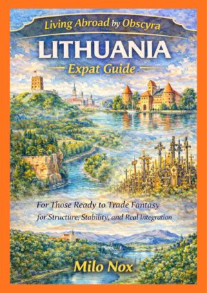 Watercolor illustration of Lithuania landscapes with castles, river, hills and Hill of Crosses, titled Lithuania Expat Guide with Milo Nox.