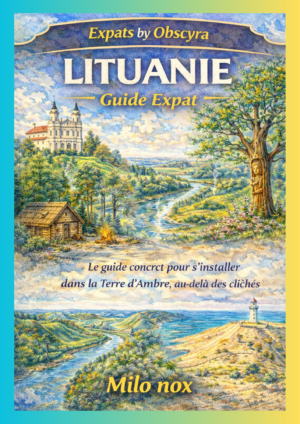 Illustration aquarelle de paysages lituaniens avec église, rivière, cabane en bois et phare, titre Lituanie Guide Expat par Milo nox.