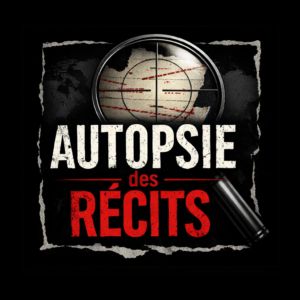 Logo carré noir au style sombre et percutant. Au centre, une loupe métallique avec réticule vise une carte partiellement visible, marquée de traces rouges, évoquant une enquête ou une cible. Le fond présente une carte du monde floue et des bords déchirés, donnant un effet brut et exposé. Le texte “AUTOPSIE” apparaît en blanc, massif et usé, “des” en rouge plus discret, et “RÉCITS” en rouge vif, large et texturé. L’ensemble dégage une atmosphère d’analyse froide, de démontage et d’investigation sans concession.
