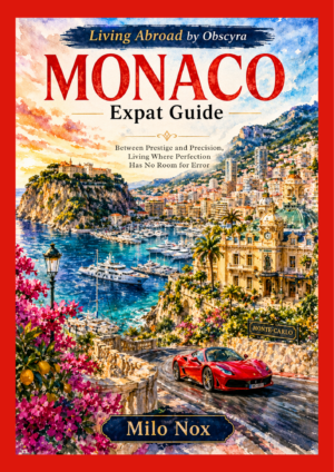 Watercolor-style cover showing Monaco harbor, yachts, luxury buildings, hillside skyline, and a red sports car, titled MONACO Expat Guide by Milo Nox.