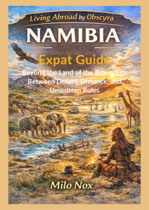 Watercolor illustration of Namibia: desert landscape with elephants, giraffes, a seated local near a campfire, and an expedition vehicle in a mountainous sunset scene.