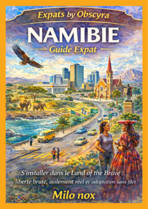 Illustration colorée de la Namibie mêlant désert, éléphants, côte océanique, ville moderne et scènes de vie locale avec le titre NAMIBIE Guide Expat.