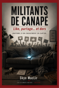 Couverture montrant un canapé sombre avec un smartphone allumé, des ombres de manifestants tenant des icônes réseaux sociaux sur le mur, titre Militants de canapé et auteur Skye MacLir.