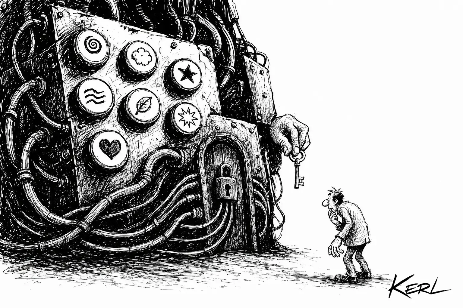 Un homme minuscule fait face à une immense machine de choix dont tous les câbles convergent vers une porte verrouillée.