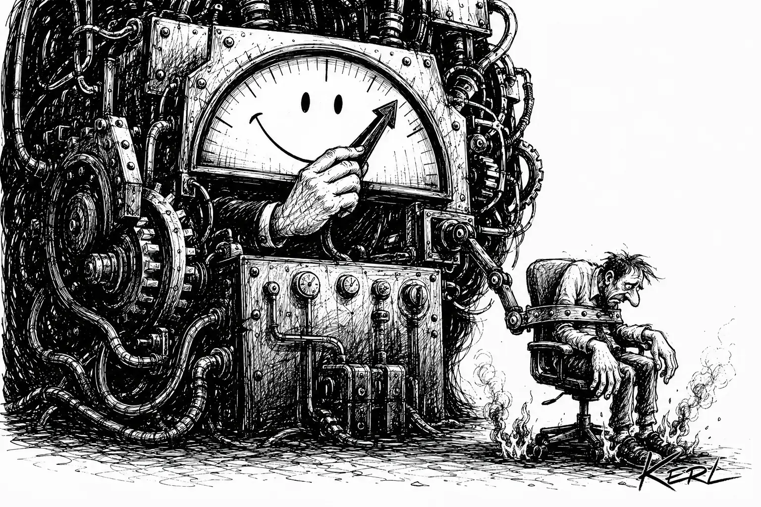 Un salarié épuisé reste prisonnier d’un dispositif qui mesure et impose artificiellement son bonheur.