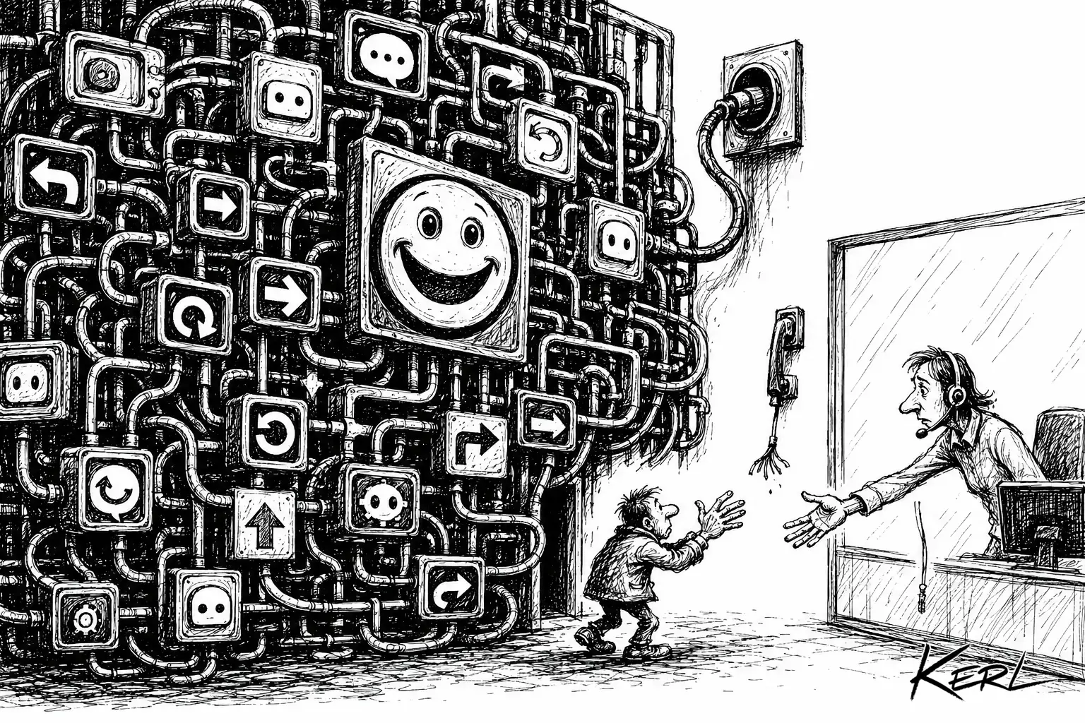 Un usager cherche un interlocuteur humain au milieu d’un gigantesque labyrinthe de service client.
